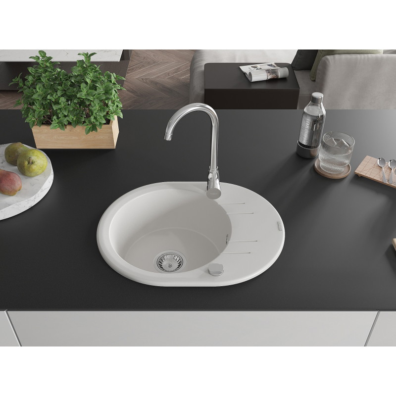 Mexen Kevin granite sink single-bowl with drainer 586 x 458 mm, white, chrome siphon - 6517581005-20