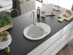Mexen Kevin 1-compartment granite sink with a drip tray 586 x 458 mm, White, siphon Chrome - 6517581005-20
