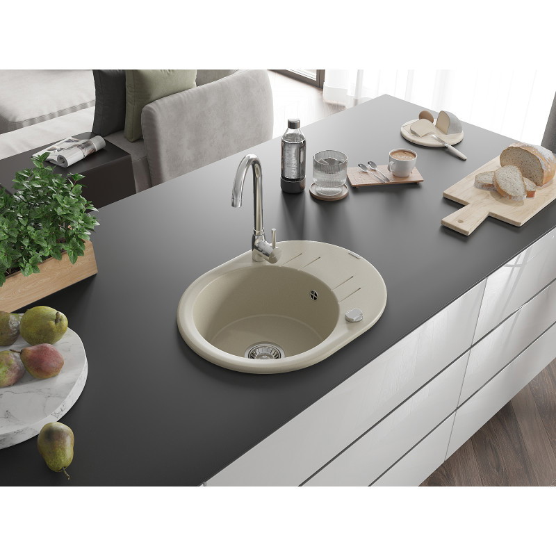 Mexen Kevin 1-Bowl Granite Sink with Drainer 586 x 458 mm, Beige, Chrome Siphon - 6517581005-69