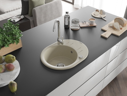 Mexen Kevin 1-Bowl Granite Sink with Drainer 586 x 458 mm, Beige, Chrome Siphon - 6517581005-69