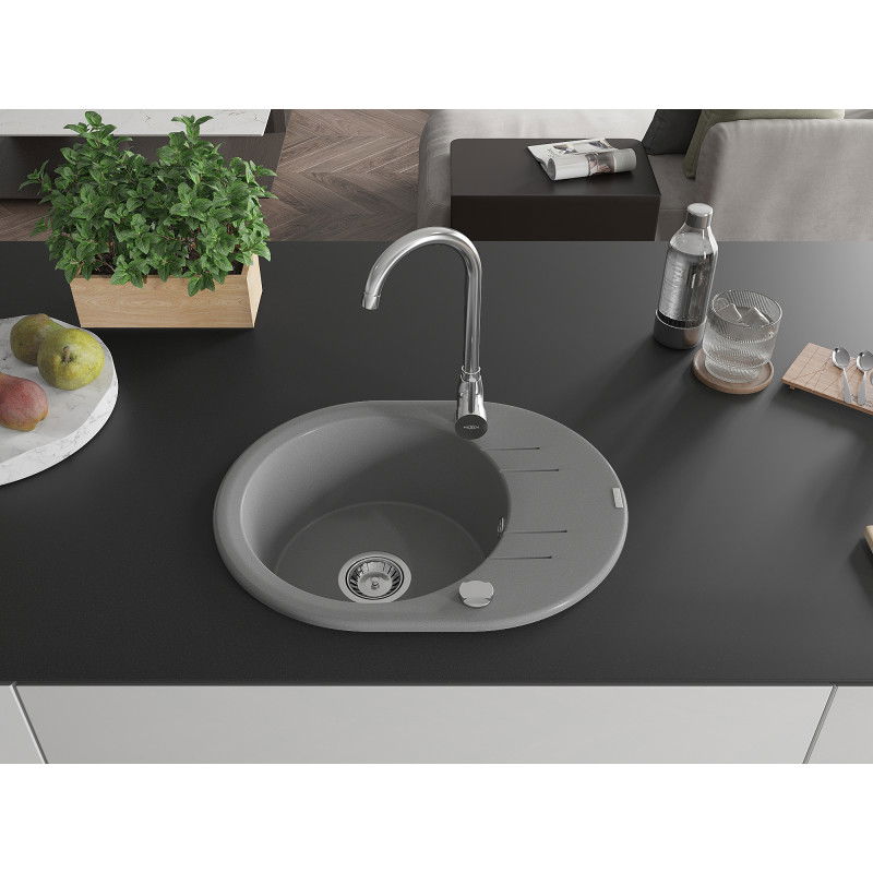 Mexen Kevin granite sink 1-bowl with drainer 586 x 458 mm, grey, chrome siphon - 6517581005-71