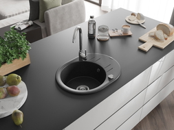 Mexen Kevin 1-bowl granite sink with drainer 586 x 458 mm, black/silver metallic, chrome siphon - 6517581005-73