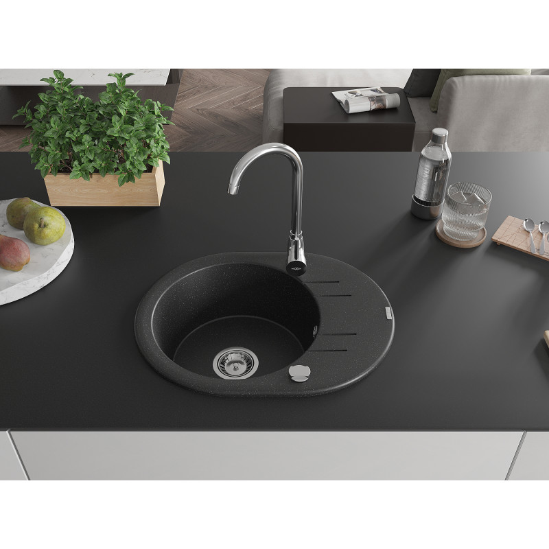 Mexen Kevin 1-bowl granite sink with drainer 586 x 458 mm, black/silver metallic, chrome siphon - 6517581005-73