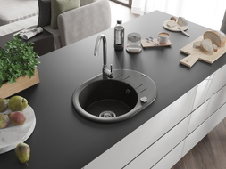 Mexen Kevin granite sink 1-bowl with drainer 586 x 458 mm, black/gold metallic, chrome siphon - 6517581005-75