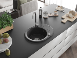 Mexen Kevin 1-bowl granite sink with drainer 586 x 458 mm, black speckled, chrome siphon - 6517581005-76