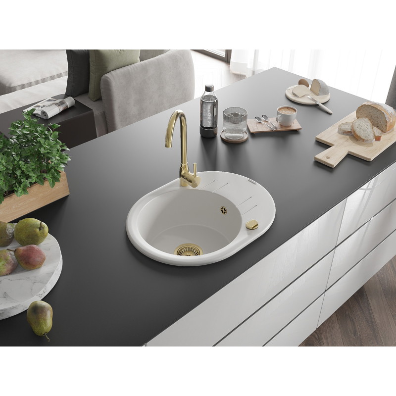 Mexen Kevin granit sink 1-bowl with drainer 586 x 458 mm, white, gold siphon - 6517581005-20-G