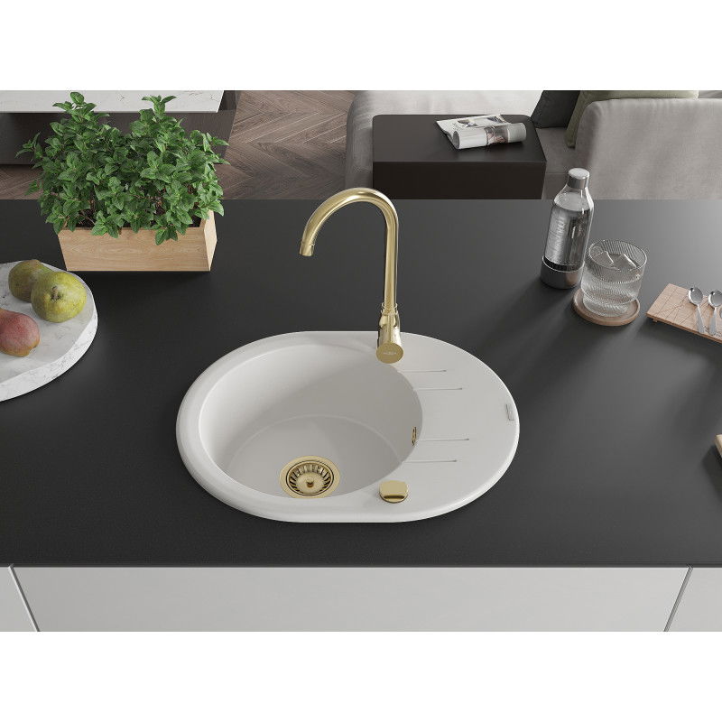 Mexen Kevin 1-bowl granite sink with drainer 586 x 458 mm, white, gold siphon - 6517581005-20-G