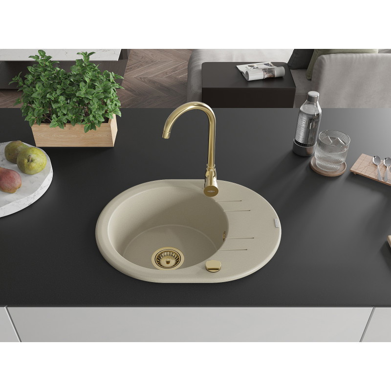 Mexen Kevin 1-bowl granite sink with drainer 586 x 458 mm, beige, gold siphon - 6517581005-69-G