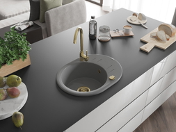 Mexen Kevin 1-bowl granite sink with drainer 586 x 458 mm, gray, gold siphon - 6517581005-71-G