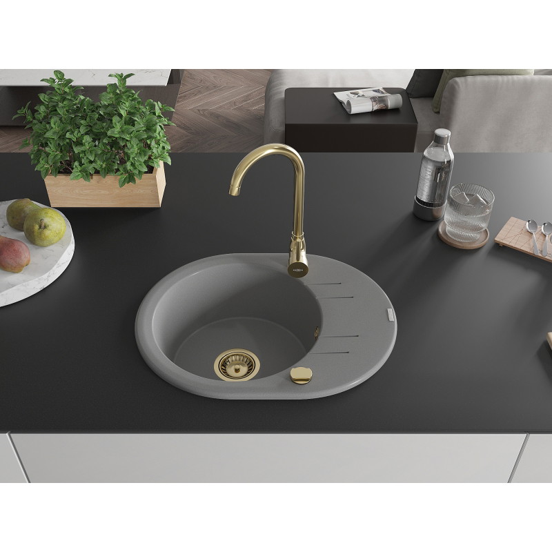 Mexen Kevin granite sink 1-bowl with drainer 586 x 458 mm, gray, gold siphon - 6517581005-71-G