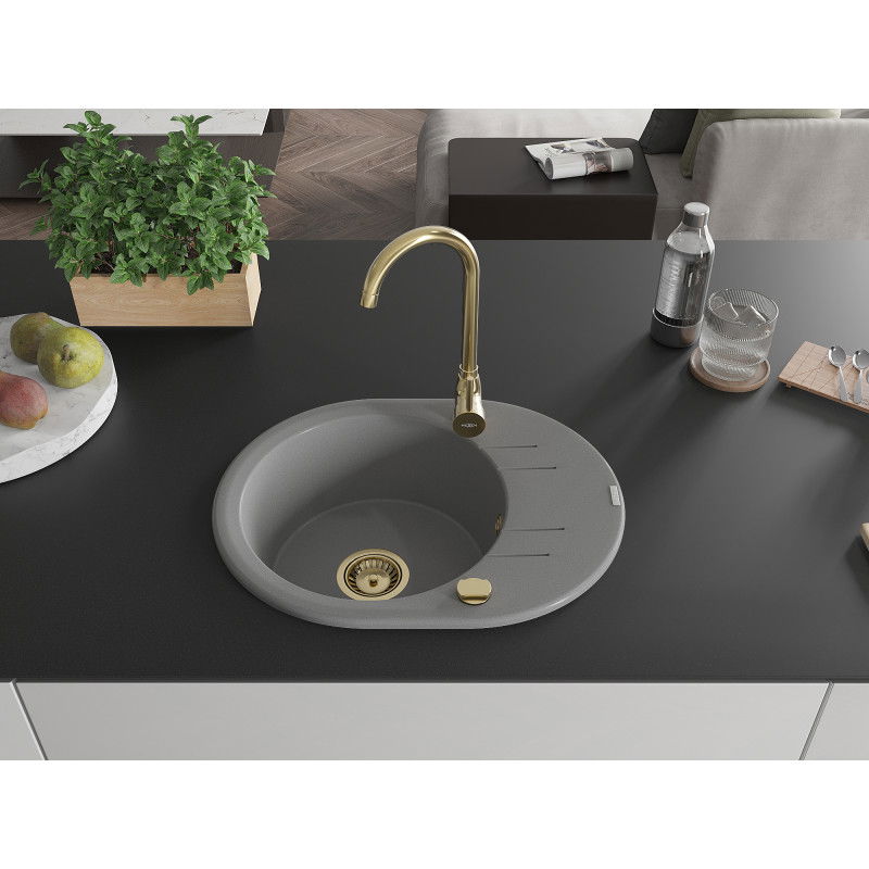 Mexen Kevin granite sink 1-bowl with drainer 586 x 458 mm, grey, golden siphon - 6517581005-71-G