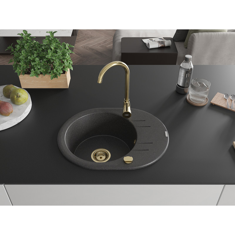 Mexen Kevin granite kitchen sink 1-bowl with drainer 586 x 458 mm, black speckled, golden siphon - 6517581005-76-G