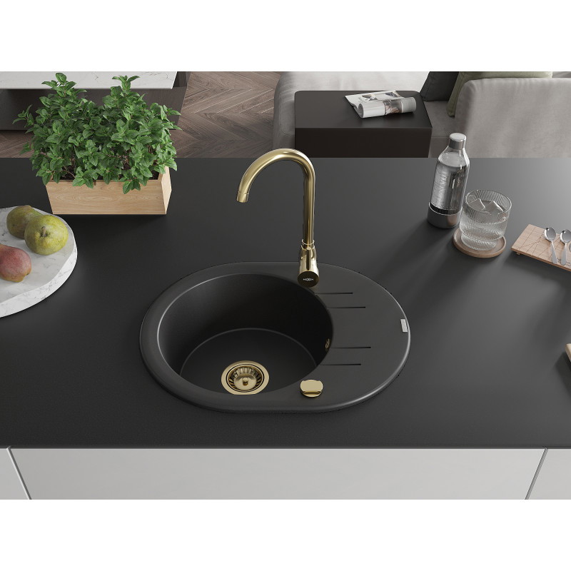 Mexen Kevin granite kitchen sink 1-bowl with drainer 586 x 458 mm, black, gold siphon - 6517581005-77-G