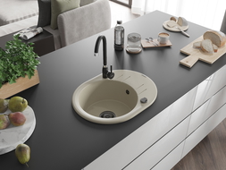 Mexen Kevin 1-compartment granite sink with a drip tray 586 x 458 mm, Beige, siphon Black - 6517581005-69-B