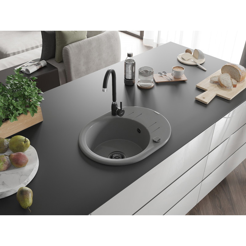 Mexen Kevin granite sink 1-bowl with drainer 586 x 458 mm, gray, black siphon - 6517581005-71-B