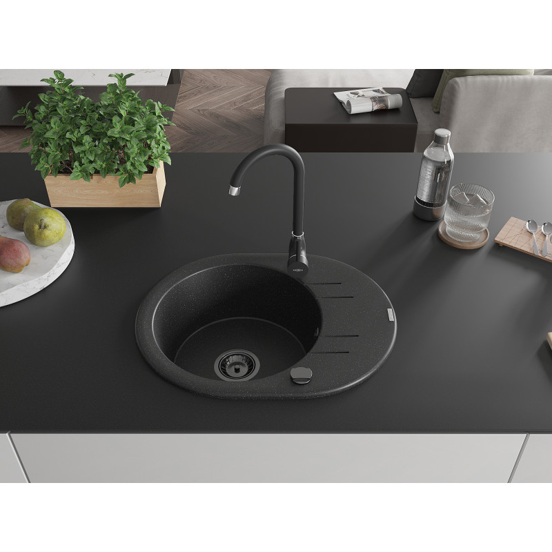Mexen Kevin granite sink 1-bowl with drainer 586 x 458 mm, black/silver metallic, black siphon - 6517581005-73-B