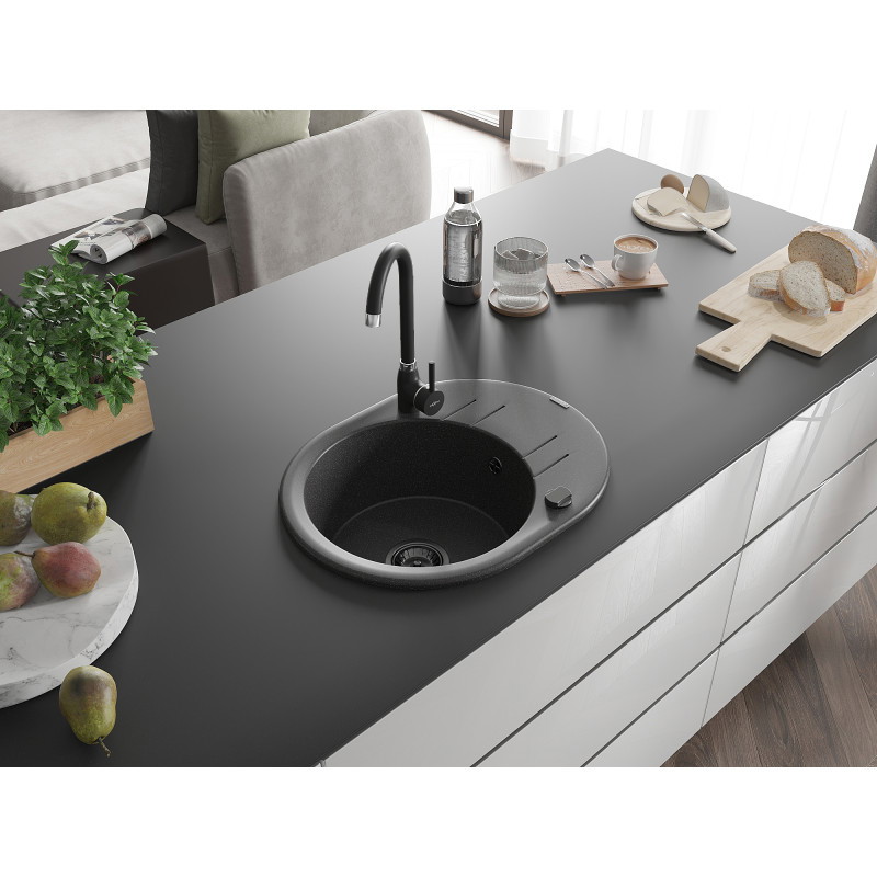 Mexen Kevin 1-Basin Granite Kitchen Sink with Drainer 586 x 458 mm, Black Flecked, Black Drain - 6517581005-76-B