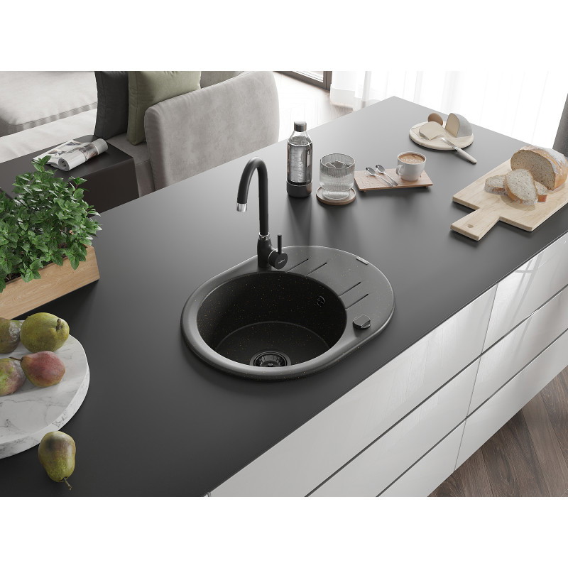 Mexen Kevin 1-bowl granite sink with drainer 586 x 458 mm, black/gold metallic, black siphon - 6517581005-75-B