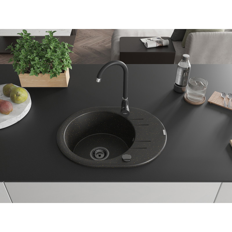 Mexen Kevin 1-bowl granite sink with drainer 586 x 458 mm, black/gold metallic, black siphon - 6517581005-75-B