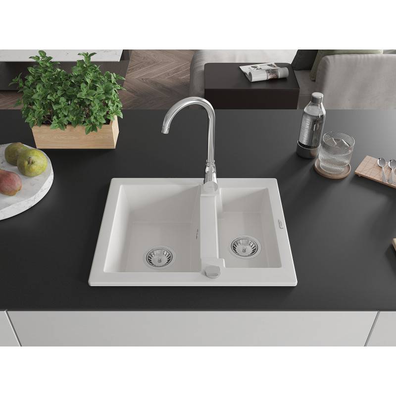 Mexen Carlos 1.5-bowl granite sink 582 x 475 mm, white, chrome siphon - 6518581500-20