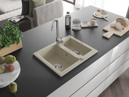 Mexen Carlos granite sink 1.5-bowl 582 x 475 mm, beige, chrome siphon - 6518581500-69