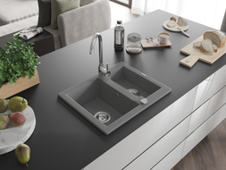 Mexen Carlos granite sink 1.5-bowl 582 x 475 mm, gray, chrome siphon - 6518581500-71
