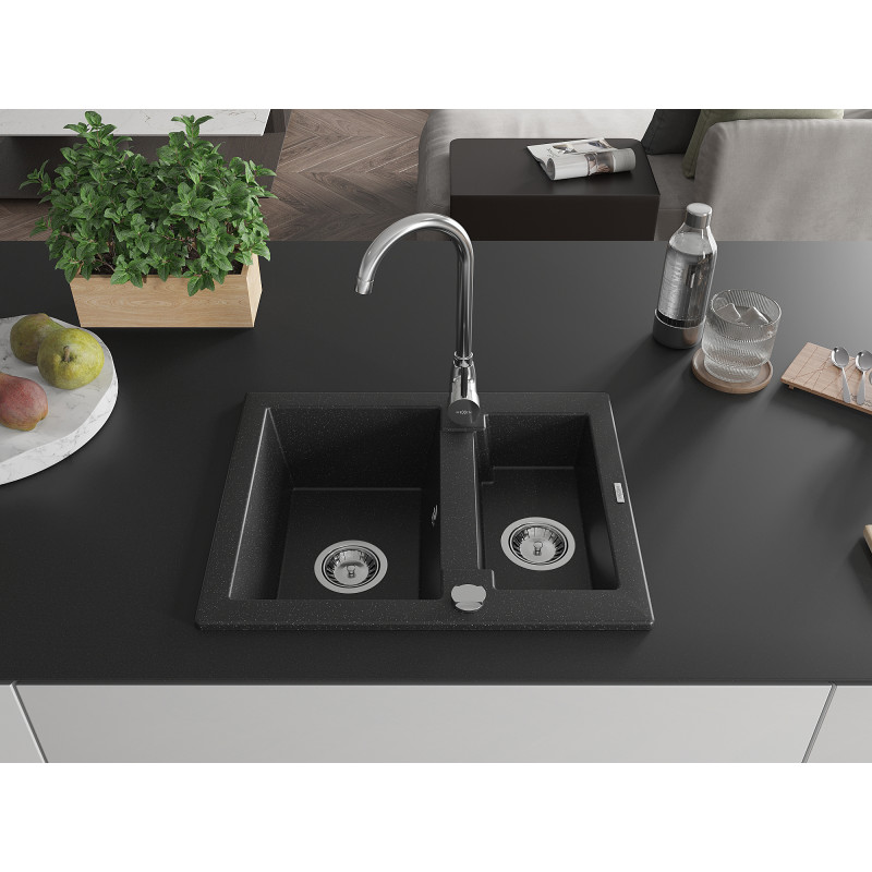 Mexen Carlos 1.5-bowl granite sink 582 x 475 mm, black/silver metallic, chrome siphon - 6518581500-73