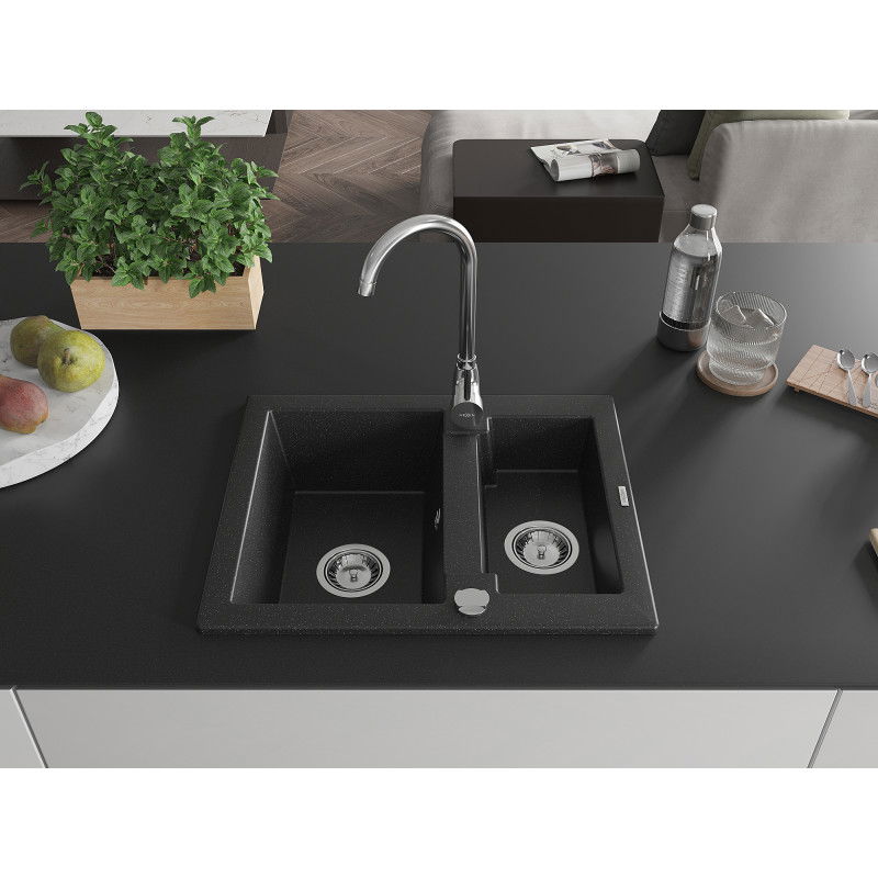Mexen Carlos Granite Sink 1.5 Bowl 582 x 475 mm, Black/Silver Metallic, Chrome Siphon - 6518581500-73