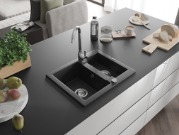 Mexen Carlos 1.5-bowl granite sink 582 x 475 mm, black/silver metallic, chrome siphon - 6518581500-73