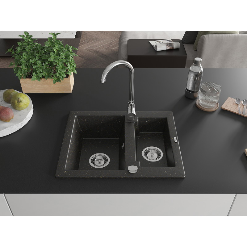 Mexen Carlos 1.5-bowl granite sink 582 x 475 mm, black/gold metallic, chrome siphon - 6518581500-75