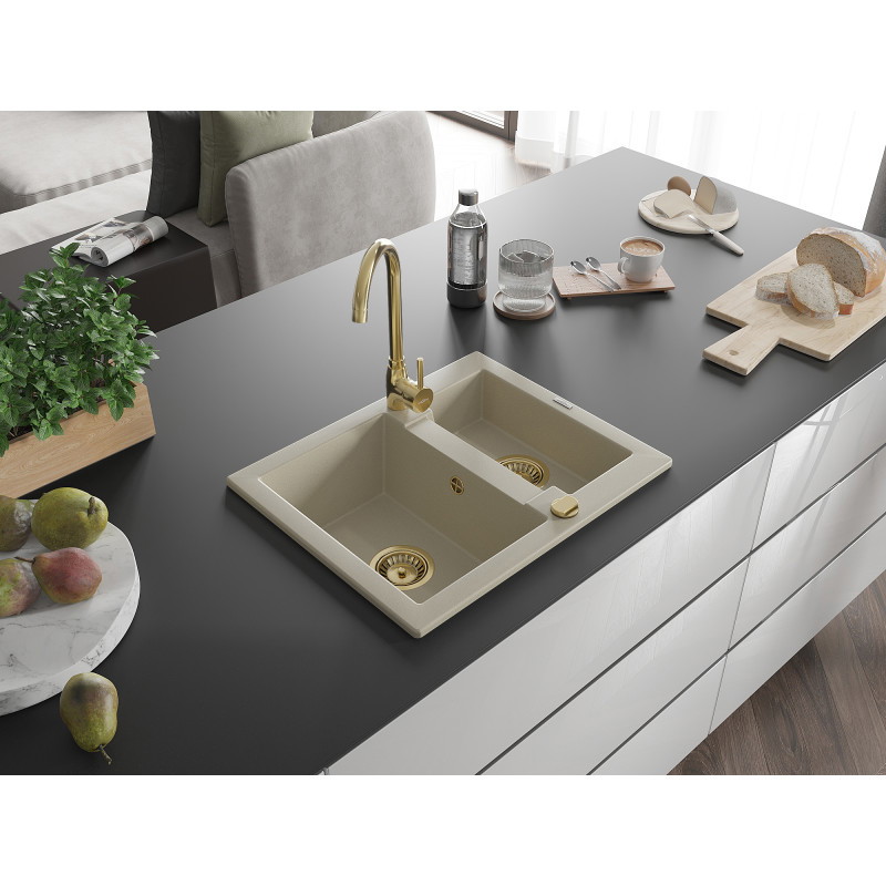 Mexen Carlos granite kitchen sink 1.5-bowl 582 x 475 mm, beige, gold siphon - 6518581500-69-G