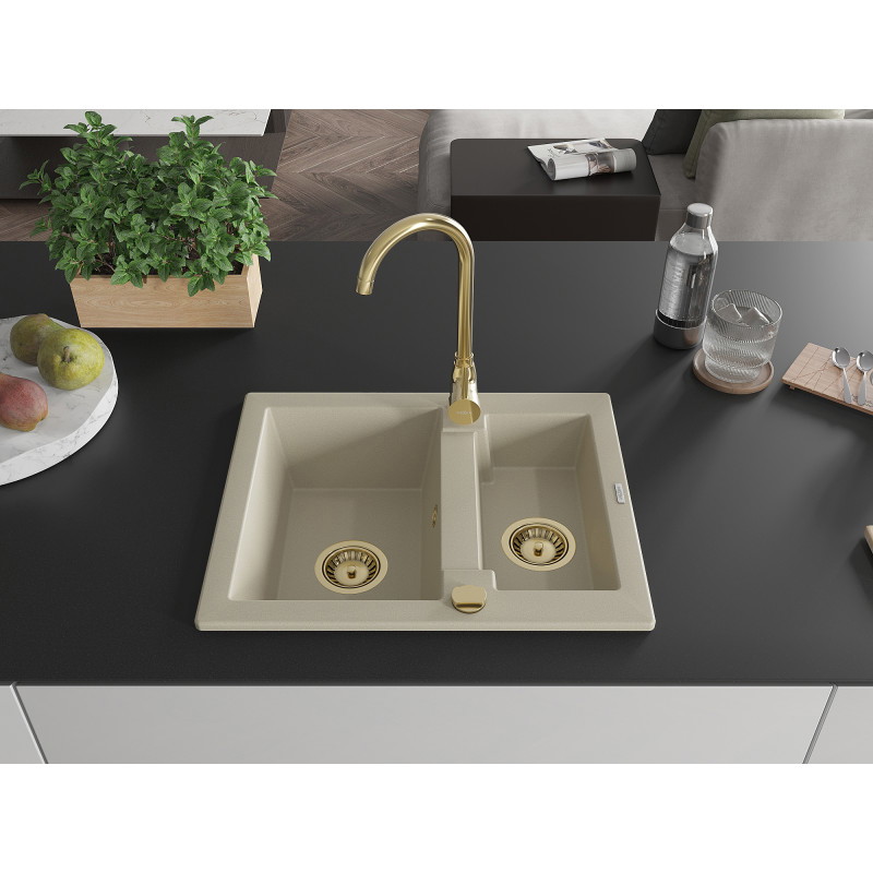 Mexen Carlos granite kitchen sink 1.5-bowl 582 x 475 mm, beige, gold siphon - 6518581500-69-G