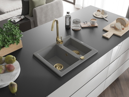 Mexen Carlos granite sink 1.5-bowl 582 x 475 mm, gray, golden siphon - 6518581500-71-G