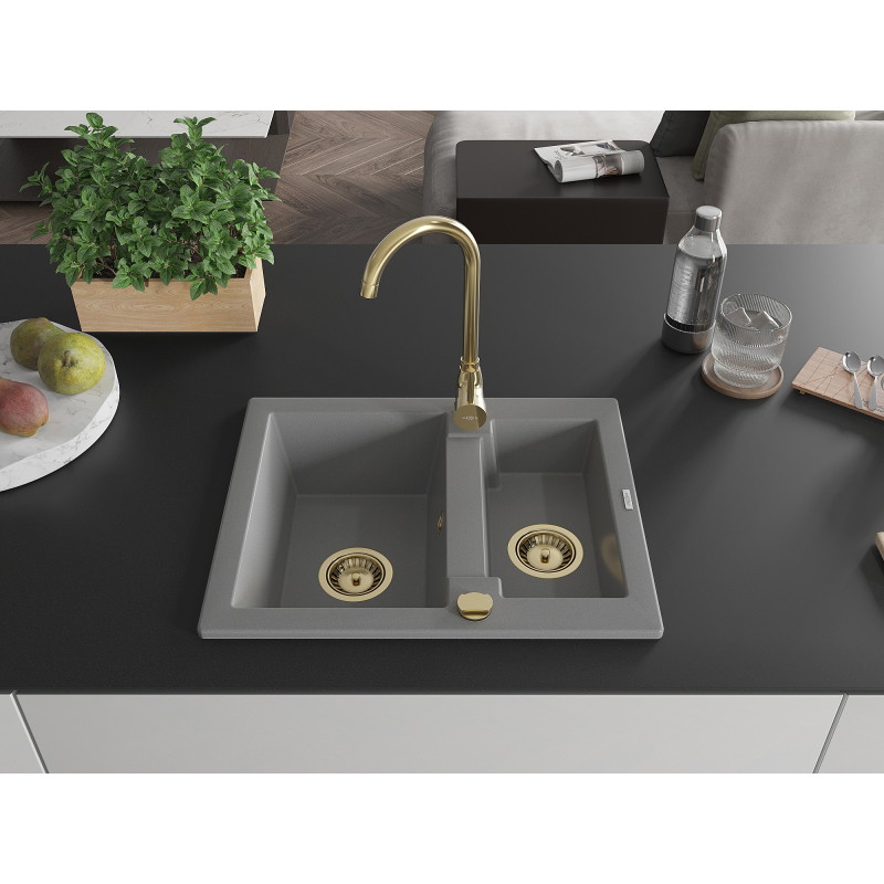 Mexen Carlos 1.5-bowl granite sink 582 x 475 mm, gray, gold siphon - 6518581500-71-G