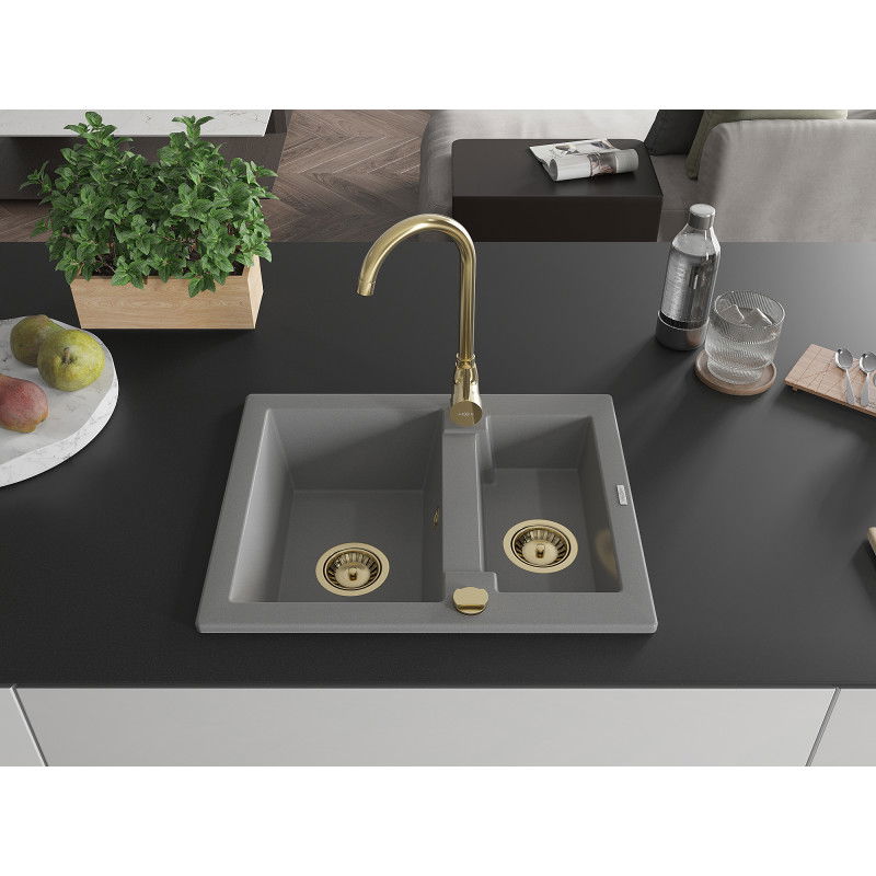 Mexen Carlos granite kitchen sink 1.5-bowl 582 x 475 mm, grey, gold siphon - 6518581500-71-G