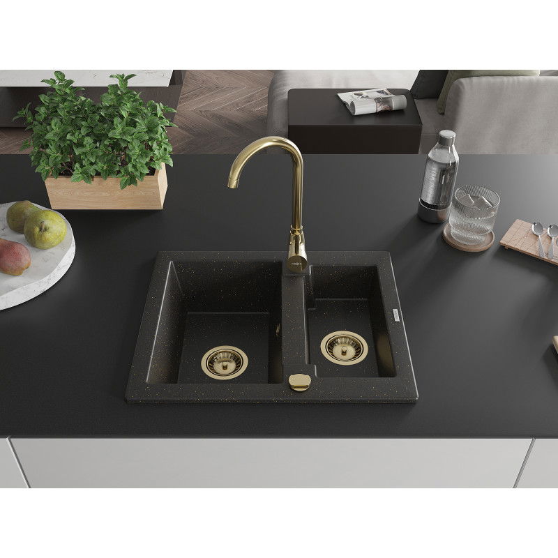 Mexen Carlos granite sink 1.5-bowl 582 x 475 mm, black/gold metallic, gold siphon - 6518581500-75-G