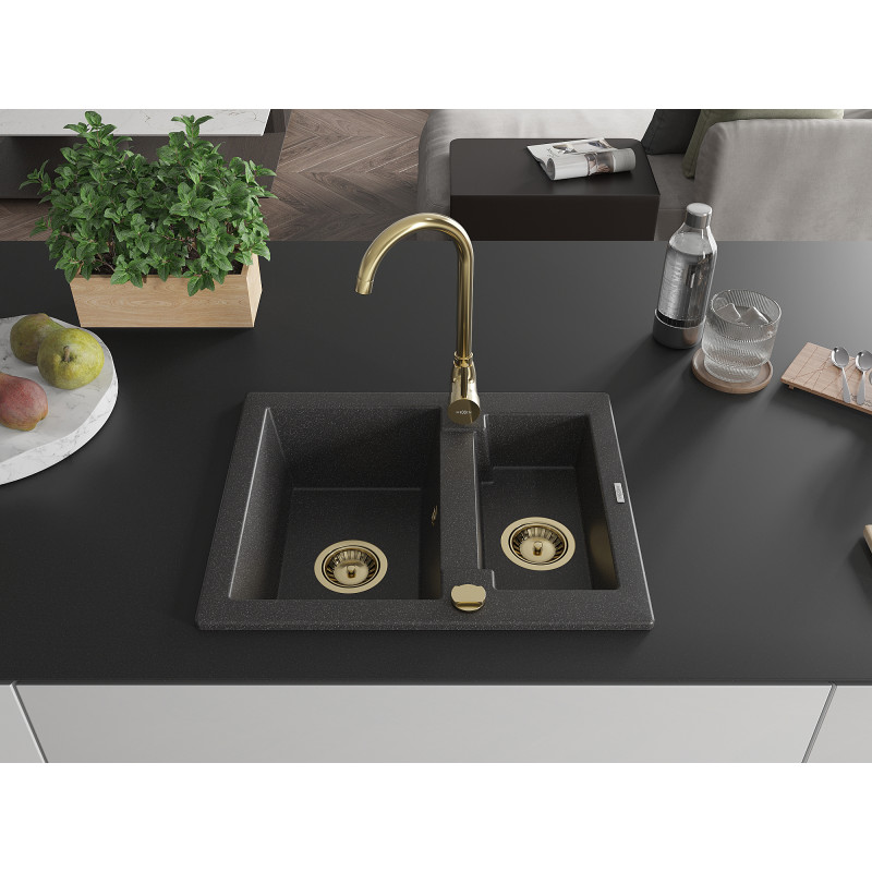 Mexen Carlos 1.5-bowl granite sink 582 x 475 mm, black speckled, gold siphon - 6518581500-76-G