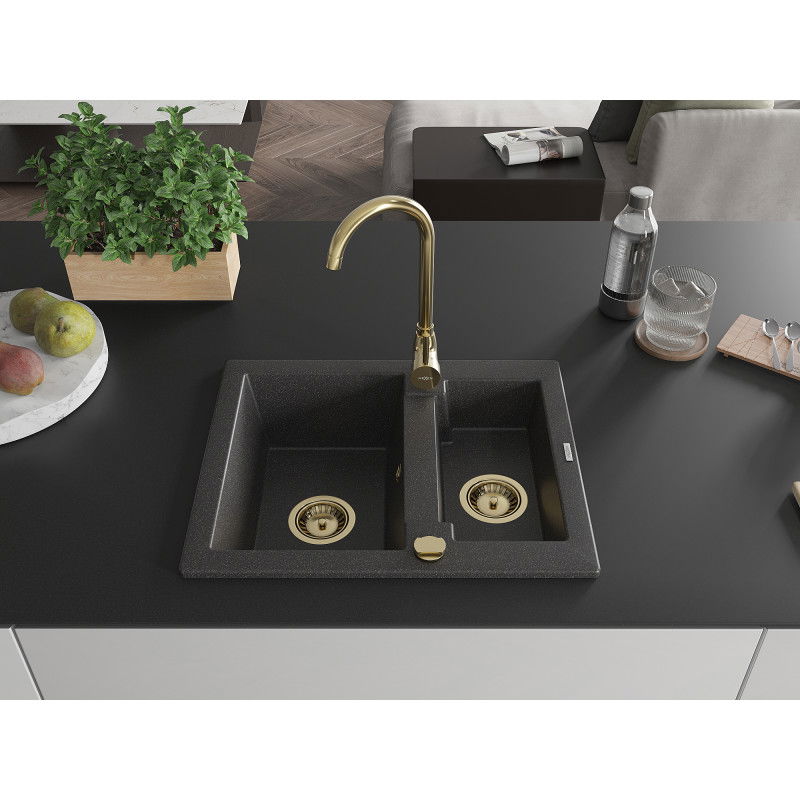 Mexen Carlos granite sink 1.5-bowl 582 x 475 mm, black speckled, gold siphon - 6518581500-76-G
