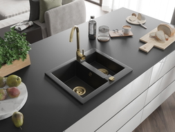Mexen Carlos granite sink 1.5-bowl 582 x 475 mm, black, gold siphon - 6518581500-77-G