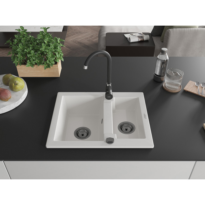 Mexen Carlos 1.5-bowl granite sink 582 x 475 mm, white, black siphon - 6518581500-20-B