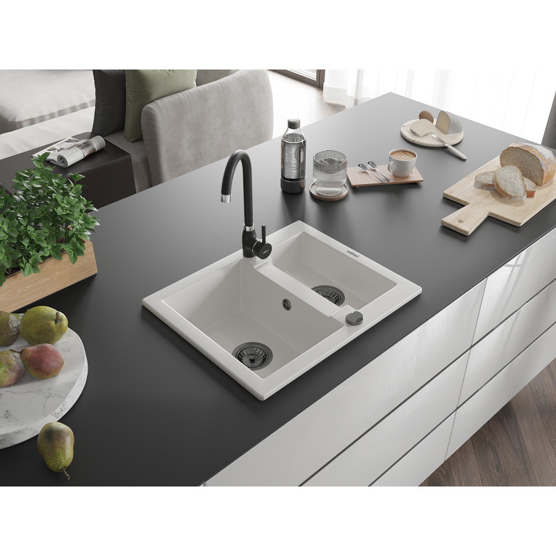 Mexen Carlos 1.5-bowl granite sink 582 x 475 mm, white, black siphon - 6518581500-20-B