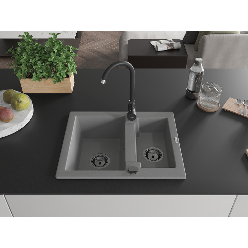 Mexen Carlos 1.5-bowl granite sink 582 x 475 mm, gray, black siphon - 6518581500-71-B