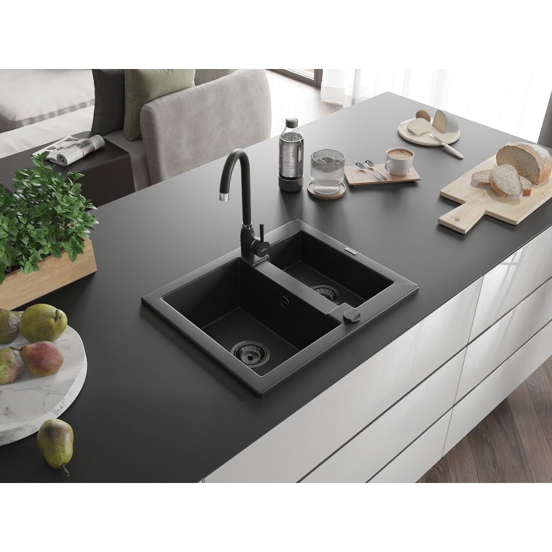 Mexen Carlos granite sink 1.5-bowl 582 x 475 mm, black, black siphon - 6518581500-77-B