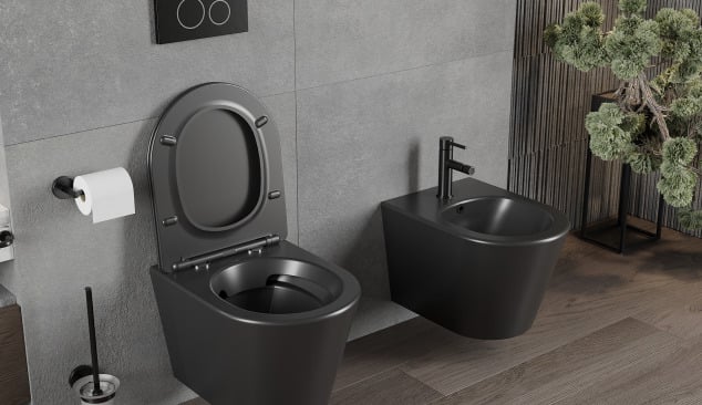 Grey and wood in a bathroom with modern fittings