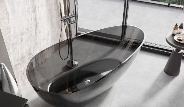 Transparent resin bathtub in the bathroom