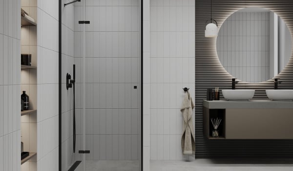Subdued bathroom with shower doors