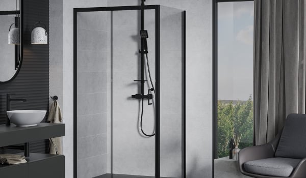 Gray interior with black shower cabin