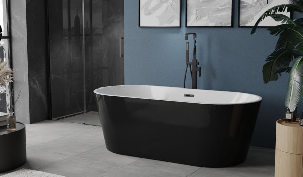 Bathroom with a navy blue wall and black accessories