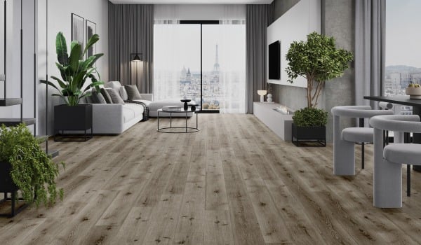Modern living room with wood-like flooring